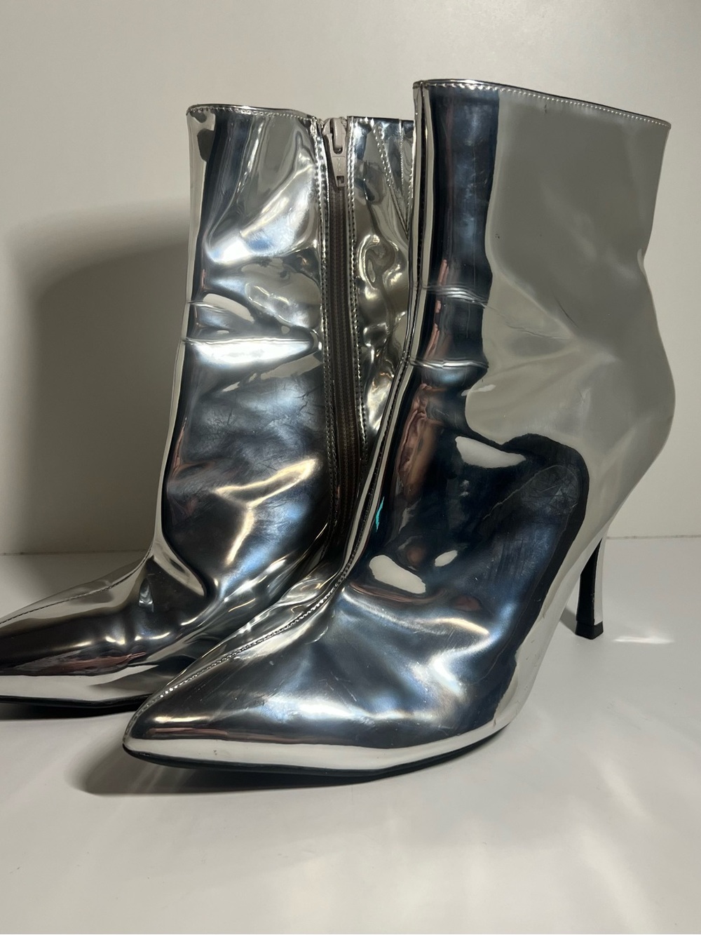 Women's Silver Pointed Toe Ankle Boots - Fashion Heel